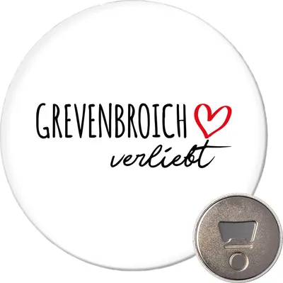 Produktbild von Huuraa Magnet Grevenbroich verliebt 59mm Kühlschrankmagnet rund Flaschenöffner Geschenkidee