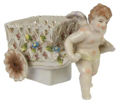 Produktbild von Porzellan Engel Cherub Wagen Replikat Retro Design Dekoration