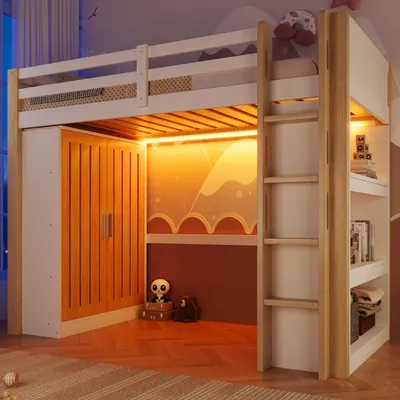 Image de Lit superposé Merax 90x200 cm, lit superposé avec éclairage LED, armoire, étagère ouverte, lit enfant, lit adolescent, blanc + naturel