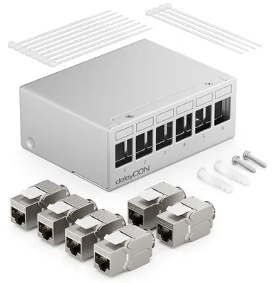 Produktbild von deleyCON 6 Port Patchpanel Set Patchfeld CAT6a STP 1 HE - Grau – Größe 6 Port + 6x RJ45 Keystone