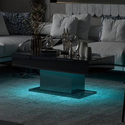 Produktbild von Radelldar Modern Couchtisch Wohnzimmertisch Hochglanz mit Beleuchtung, USB, 110x55x50cm, Schwarz