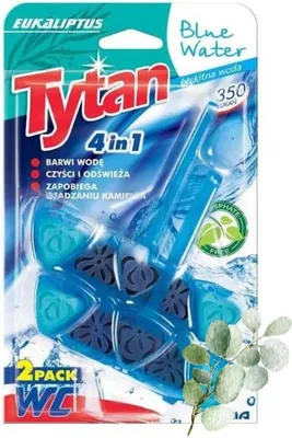 Zdjęcie produktu dla Kostka do Toalet Tytan Blue Water 2x40g 4in1 Eukaliptus Zawieszka Barwiąca