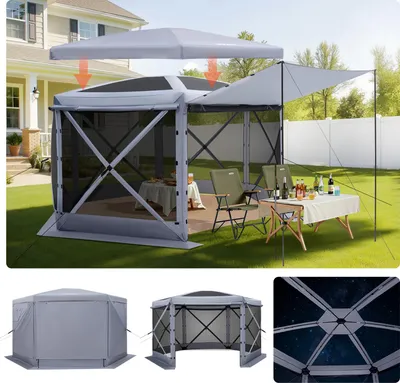 Immagine prodotto di Padiglione pop-up VEVOR, 3,6x3,6x2,2 m, grande tenda da campeggio a 6 lati con tetto rimovibile e borsa per il trasporto, tenda per feste, protezione solare per 8-10 persone, per giardino, cortile e terrazzo