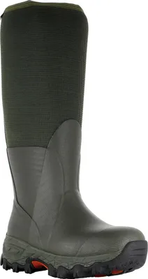 A single green rubber boot is shown against a white background.