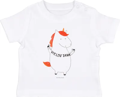 Produktbild von Mr. & Mrs. Panda  T-Shirt Einhorn Dankeschön 6. - 12. Monat - Weiß - Geschenk, Baby Shirt, Kleinkind, Vielen Dank, Danksagung, Organic, Danke, Babyshirt, Unicorn