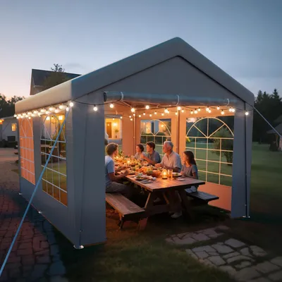 Productafbeelding van Paviljoen van 3x4 meter met 2 zijwanden en 2 dakdelen, grijs, van staal en PE-folie. Waterdicht en met UV-bescherming