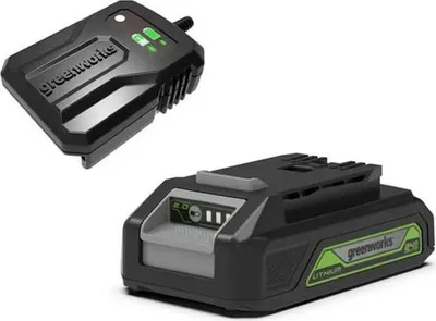 A Greenworks 24V battery and charger are shown against a white background.