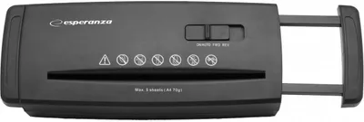 A black Esperanza paper shredder is shown from the front on a light gray background.