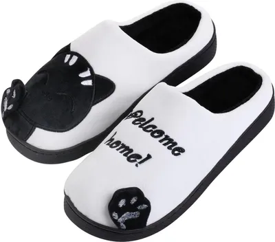 Produktbild von Kuschelige Plüsch Hausschuhe, Pantoffeln, Tier-Schlappen für Damen, Mädchen | 34/35 EU | Katze Schwarz Weiß