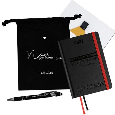 Produktbild von Taschenkalender 2027 A6 Schwarz Set - 1 Woche 2 Seiten,Hardcover, Stift, Pen-Loop & Beutel
