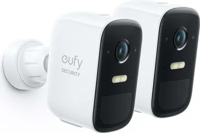 Two white and black eufy security cameras are shown against a white background.