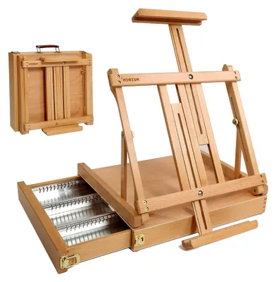 Produktbild von Tischstaffelei mit Metallschublade - Verstellbare Staffelei und Skizzenbox aus massivem Buchenholz, geeignet für Leinwände bis 86,4 cm