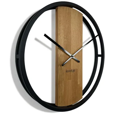Image de Horloge murale grande sans tic-tac LOFT OVAL métal noir 3D XXL moderne bois salle de bain salon 50cm de diamètre