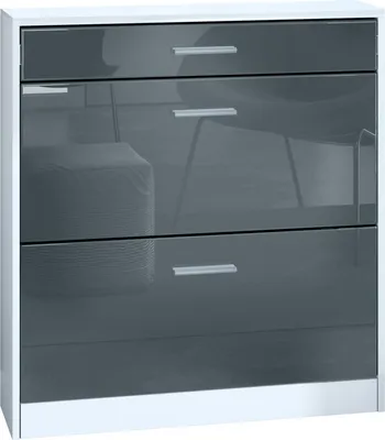Produktbild von InnoFurn Schuhschrank Roma Schmal mit 2 Klappen und 1 Schublade, Platzsparender Schuhkipper Flurschrank für Diele Flur Garderobe, Weiß matt/Grau Hochglanz (89 x 95,5 x 23 cm)
