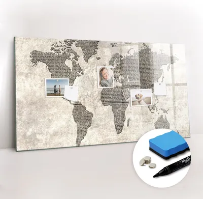 Produktbild von Magnetpinnwand Memoboard - Zubehörsatz - Schwarzer Marker + Schwamm + Magnete - 120 x 60 cm - Zeitungsweltkarte