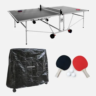 Produktbild von sweeek - Outdoor-Tischtennisplatte premium mit 2 Schlägern und 3 Bällen + Abdeckung - Grau