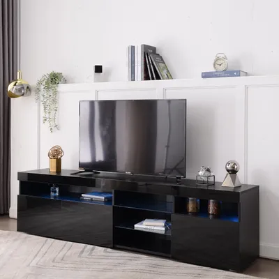 Image de OKWISH Meuble TV - Meuble TV Moderne avec Éclairage LED Réglable, 3 Portes et 5 Compartiments Ouverts, MDF, Noir Brillant 180x35x48 cm