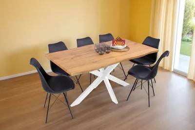 Produktbild von Esstisch Baumkante Holz-Optik Wildeiche 160 x 85 Spider-Gestell weiß JOSY, KI-generiertes Bild