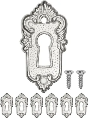 A collection of antique-style keyhole escutcheons and screws on a white background.