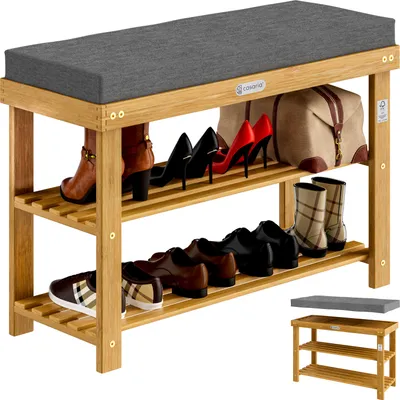 Image de CASARIA® Banc à chaussures en bois d'acacia certifié FSC® 2 niveaux assise rembourée rangement polyvalent 12 paires