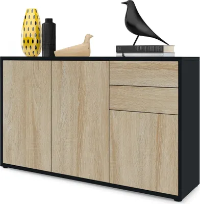 Produktbild von Vladon Sideboard Ben V3, Kommode mit 3 Türen und 2 Schubladen, Schwarz matt/Eiche Sägegrau (117 x 74 x 36 cm)