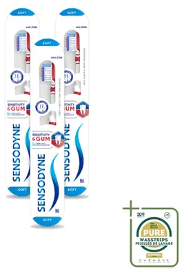 Obrázok produktu pre 3 ks zubných kefiek Sensodyne Sensitive & Gingiva, určené pre citlivé zuby a ďasná – balenie