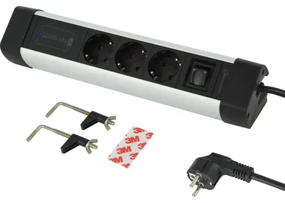 Zdjęcie produktu dla Listwa gniazd elektrycznych Electraline 62589, aluminiowa, do biurka, 3 gniazda + 1 port USB-C PD