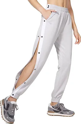 Produktbild von ASKSA Damen Jogginghosen Sporthose Knöpfen Schlitz Hosen mit Streifen Lässige Freizeithose Fitnesshose Traininghose, Grau, M