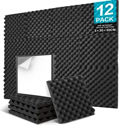 Productafbeelding van Akoestisch paneel akoestische wandpanelen - Eierschaalstructuur - Zelfklevend - 30 x 30 x 3 cm - 12 stuks - Zwart