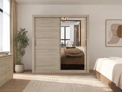 Produktbild von Kleiderschrank OLYO 203 cm Sonoma Eiche mit Spiegel, Schwebetürenschrank, Schlafzimmerschrank mit Regalböden