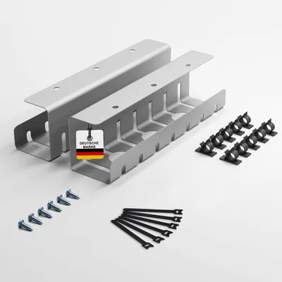A set of desk cable management accessories, including two metal cable channels, screws, and cable ties, laid out on a white background.