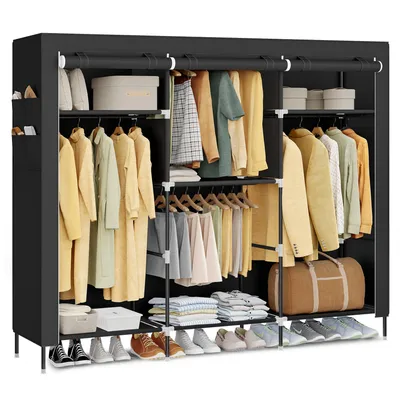 Produktbild von SONGMICS Stoffschrank mit Kleiderstange, Kleiderschrank mit Seitentaschen, Schrank für Schlafzimmer, 4 Hängefächer, schwarz