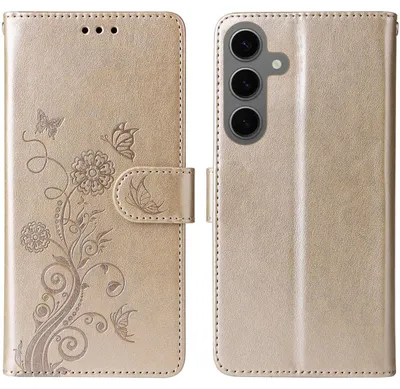 Produktbild von Mobigear Blumen-Handyhülle für Samsung Galaxy S24 FE – Klapphülle/Etui mit Geldbörsenfunktion – Gold