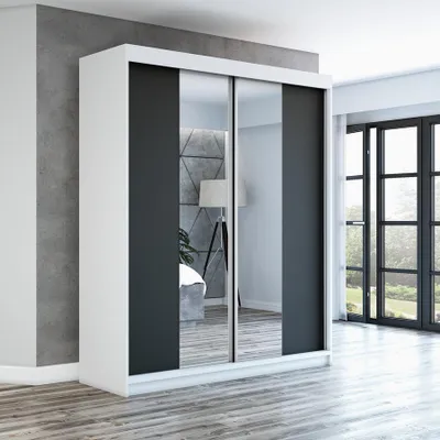 Productafbeelding van Schuifdeurenkast, 2 deuren, model ELEGANZA, 180 cm (met spiegel), verkrijgbaar in wit/zwart/zwart