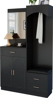 Produktbild von AIORBER Moderne Kompaktgarderobe mit Spiegel & Schuhbank, Garderoben- und Schuhschrankkombination, multifunktionales Design, Schwarz