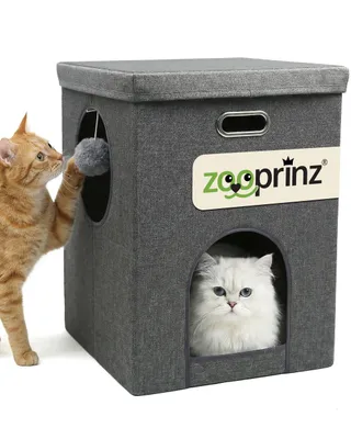 Produktbild von Katzenhöhle Katzenhaus Katzenbett zooprinz Coco | Plüsch + Spielball | Faltbar | Wendekissen | Anti-Rutsch-Boden | Leinenstoff | 3 mm MDF