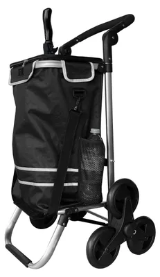 Produktbild von Faltbarer Aluminium Einkaufstrolley 57L (48L + 9L Kühlfach) Schwarz, 50kg Traglast, 35x45x98cm, EVA Treppenräder Ø32cm, Klappbar, Als Sackkarre & Umhängetasche nutzbar, Einkaufswagen Haken