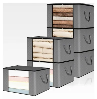 Produktbild von 6 Stück Aufbewahrungsbox mit Deckel, Umzugskartons und Kleiderschrank Organizer mit verstärktem Griff für Kleidung, Bettdecken und Bettwäsche