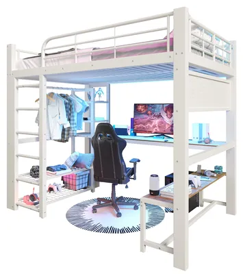 Produktbild von Hochbett mit Schreibtisch, LED-Streifen, Lattenrost, Leiter, Regalen, Wandgitter, Rausfallschutz und Kleiderstange, 90x200 cm, Kinderbett, Metallbett