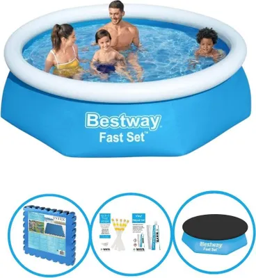 A collage showing a Bestway Fast Set pool with people in it, and three circular insets showing accessories.