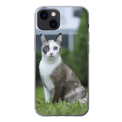 Produktbild von MuchoWow® Handyhülle Schutzhülle Hülle für iPhone 13 Katze - Siamese - Gras - Mädchen - Kinder - Jungen - Kind Silikon Softcase Handy Hülle - Karteninhaber