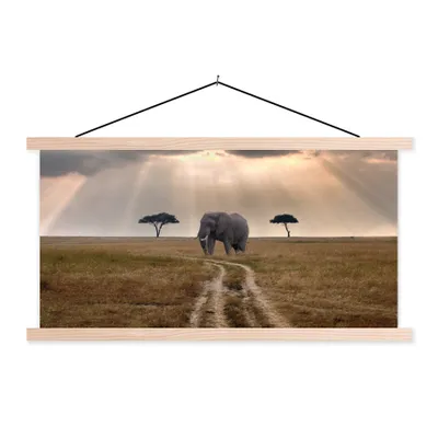 Produktbild von MuchoWow® Textilposter Elefant - Tiere - Wiese - Sonne 120x60 cm mit holzfarbenen Rahmen - Klemmleiste