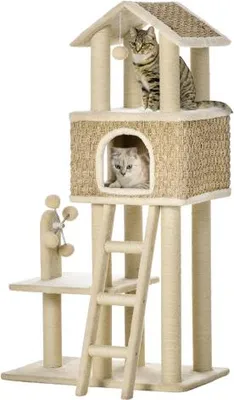 Produktbild von Katzen Kratzbaum Katzenhöhle Kratzstamm Spielbälle 69 x 40 x 130 cm Mehrstöckiger Plattform Bett für Katzen bis 5 kg