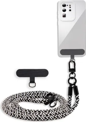 A phone case with a lanyard and an attachment pad, displayed on a white background.