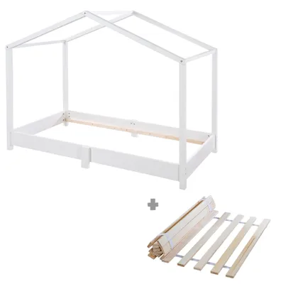 Produktbild von roba Hausbett 70 x 140 cm mit Lattenrost - Bodentiefes Kinderbett nach Montessori Prinzip - Erweiterbar mit Hausbettbezug - Holz weiß lackiert
