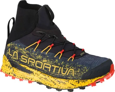 Trailrunning-Schuh "Uragano Gtx" von La Sportiva in Schwarz; Gelb und Rot mit griffiger Sohle.