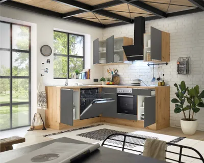 Produktbild von Küche Küchenzeile Winkelküche Marleen Premium 220 cm Grau Artisan Eiche Respekta