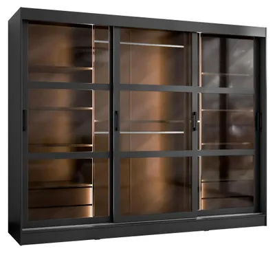 Produktbild von MIRJAN24 Schwebetürenschrank Norlio 250, Garderobe mit drei Türen und vier Schubladen, Kleiderschrank (Farbe: Schwarz, mit Warmweißer LED Beleuchtung)