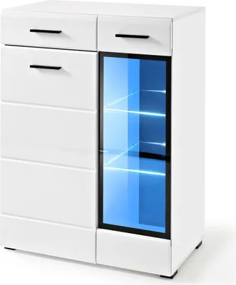 Image de Commode haute Lauren 85x41x112cm blanc MDF brillant 2 portes
