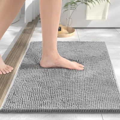 Image de Tapis de bain en chenille, 40 x 60 cm, antidérapant, très absorbant, lavable, adapté à la douche et à la baignoire, gris clair